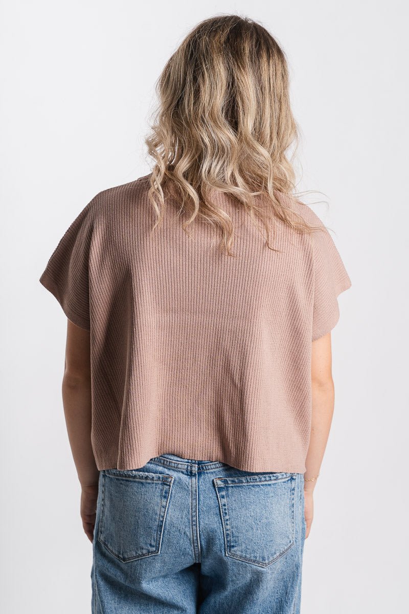 Mock neck short sleeve sweater mauve