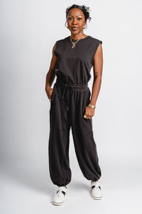 Sleeveless drawstring jumpsuit ash - Trendy Jumpsuit - Fashion Rompers & Pantsuits at Lush Fashion Lounge Boutique in Oklahoma City