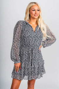 Floral ruffle dress black/ivory - Affordable dress - Boutique Dresses at Lush Fashion Lounge Boutique in Oklahoma City