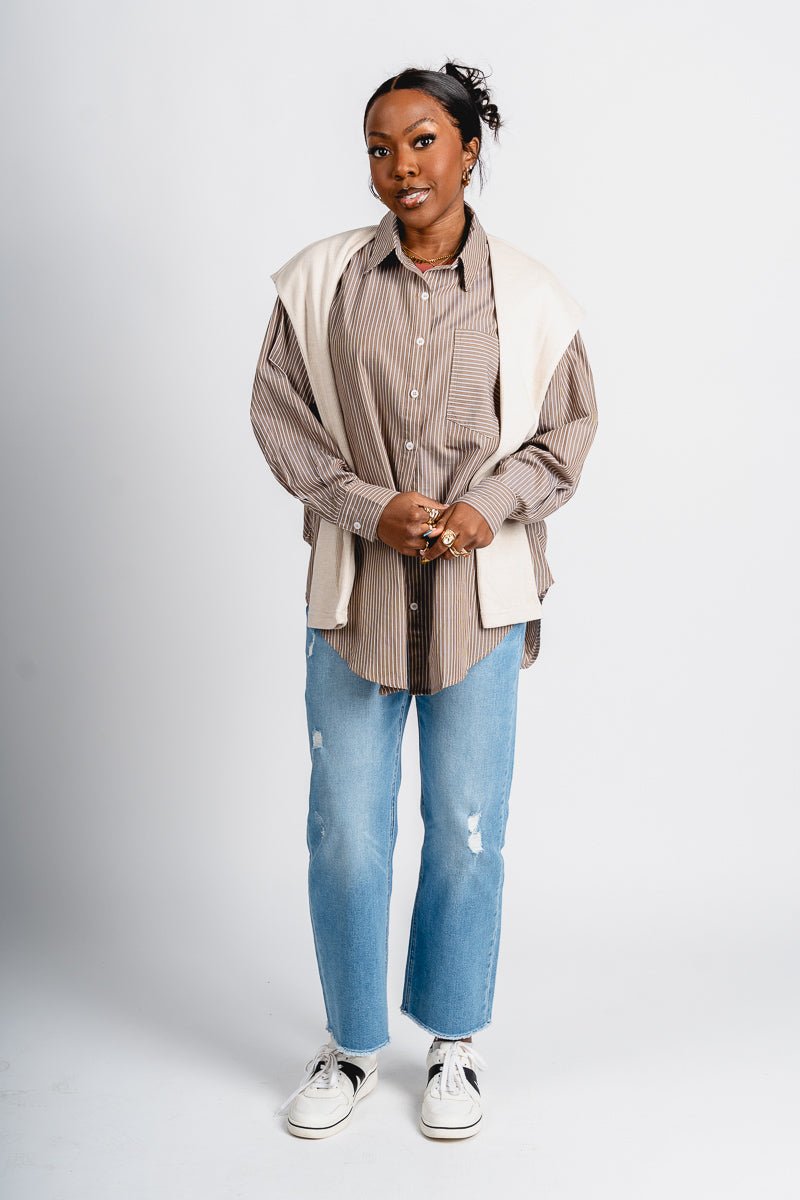 Striped button up sweater tie shirt ash olive