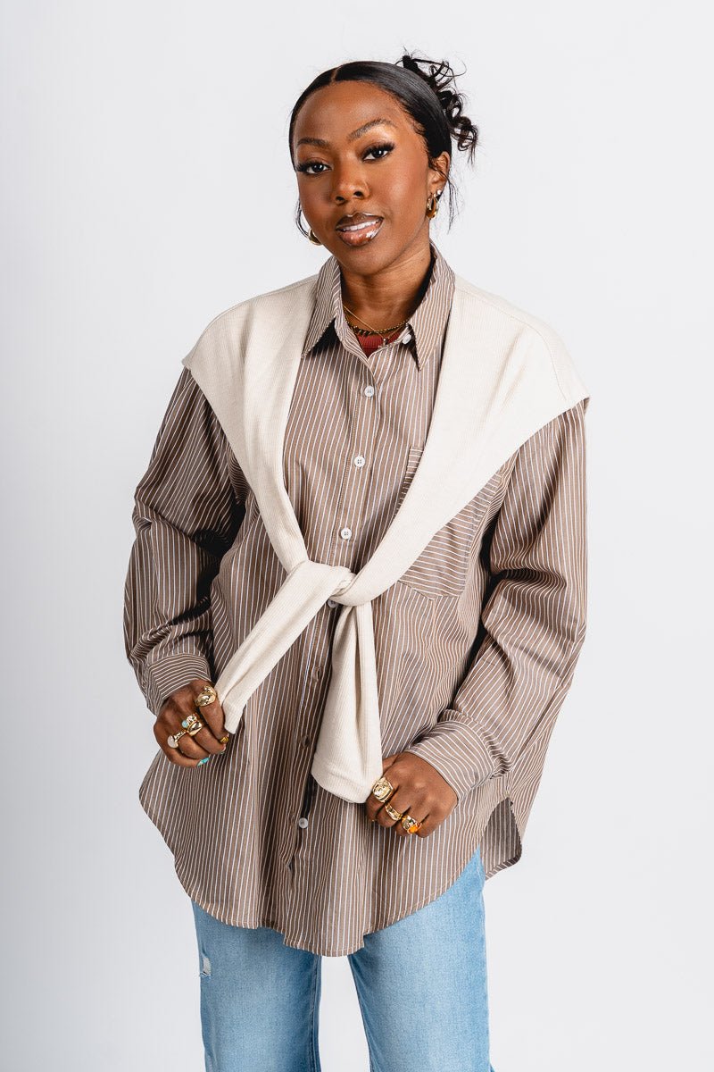 Striped button up sweater tie shirt ash olive