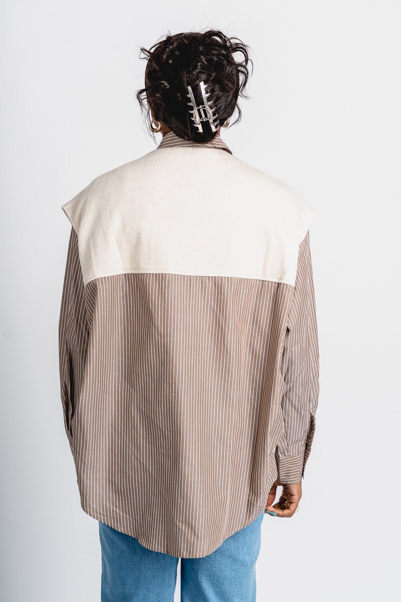 Striped button up sweater tie shirt ash olive