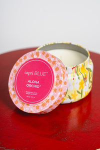 Capri blue pattern play print travel tin Aloha Orchid - Trendy Candles and Scents at Lush Fashion Lounge Boutique in Oklahoma City