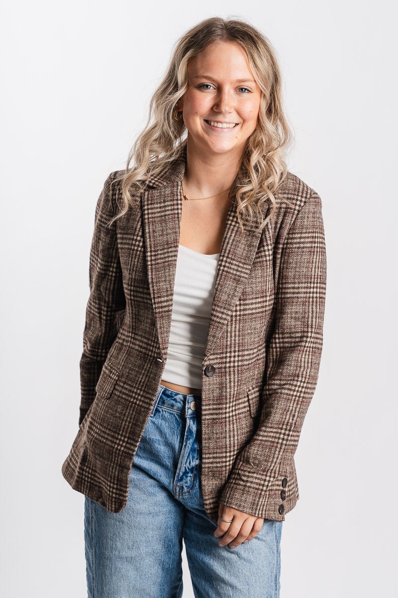 Plaid tweed blazer taupe/brown – Trendy Jackets | Cute Fashion Blazers at Lush Fashion Lounge Boutique in Oklahoma City