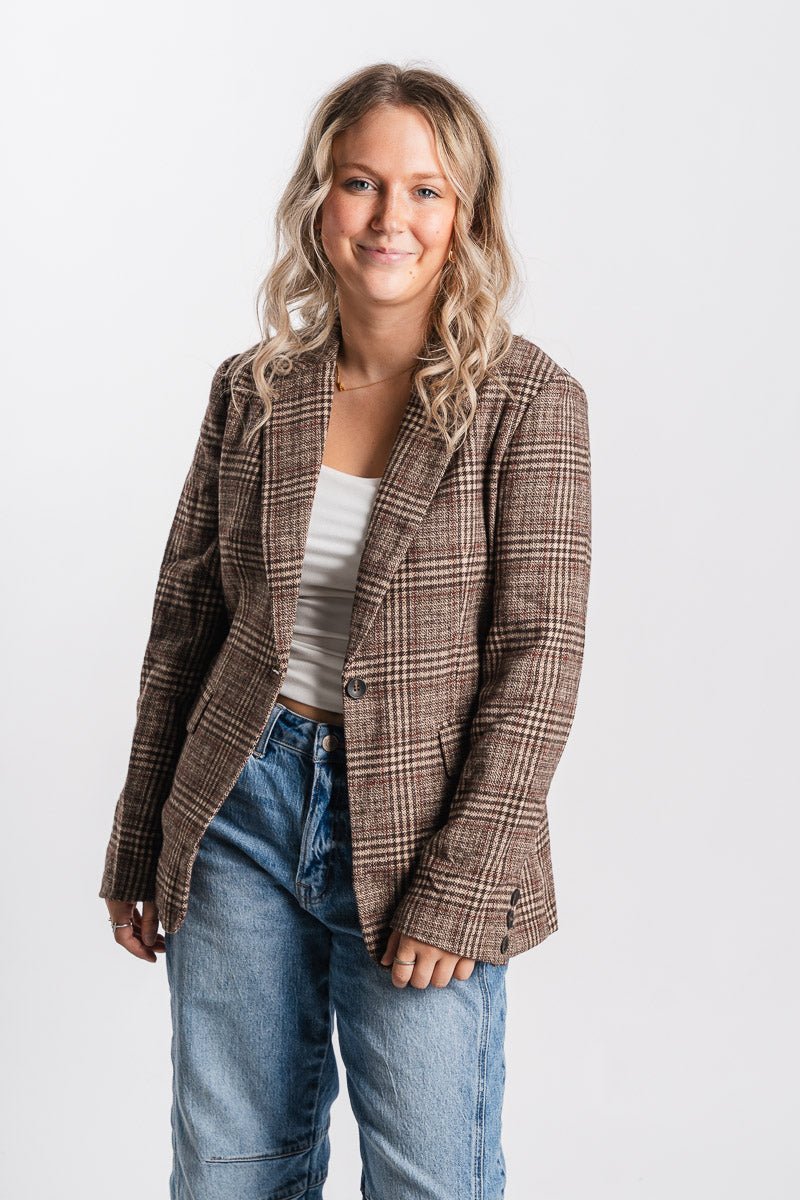 Plaid tweed blazer taupe/brown – Affordable Blazers | Cute Black Jackets at Lush Fashion Lounge Boutique in Oklahoma City