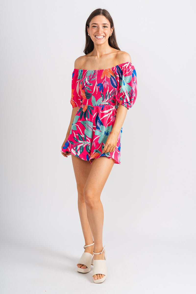 Tropical puff sleeve romper pink - Stylish Romper - Trendy Staycation Outfits at Lush Fashion Lounge Boutique in Oklahoma City