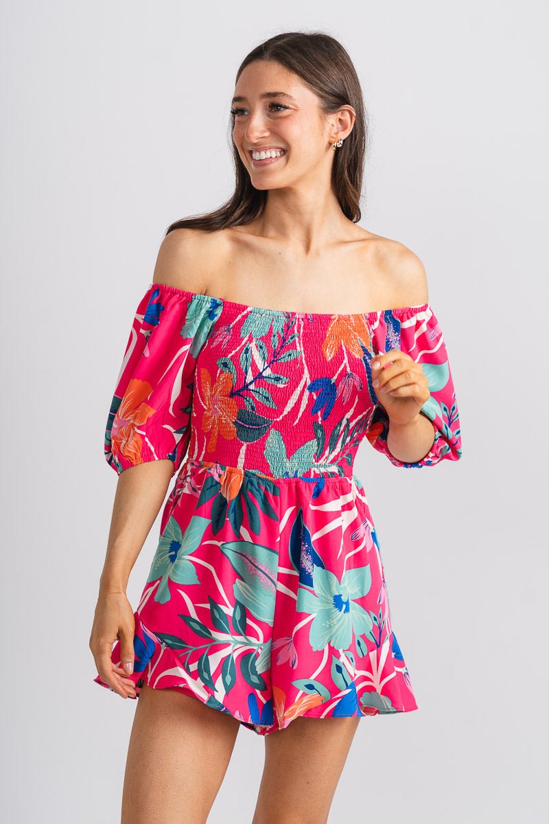 Tropical puff sleeve romper pink - Trendy Romper - Cute Vacation Collection at Lush Fashion Lounge Boutique in Oklahoma City