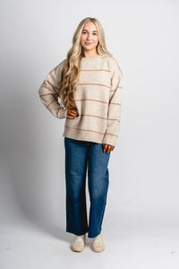 Striped oversized sweater taupe - Trendy Sweaters | Cute Pullover Sweaters at Lush Fashion Lounge Boutique in Oklahoma City