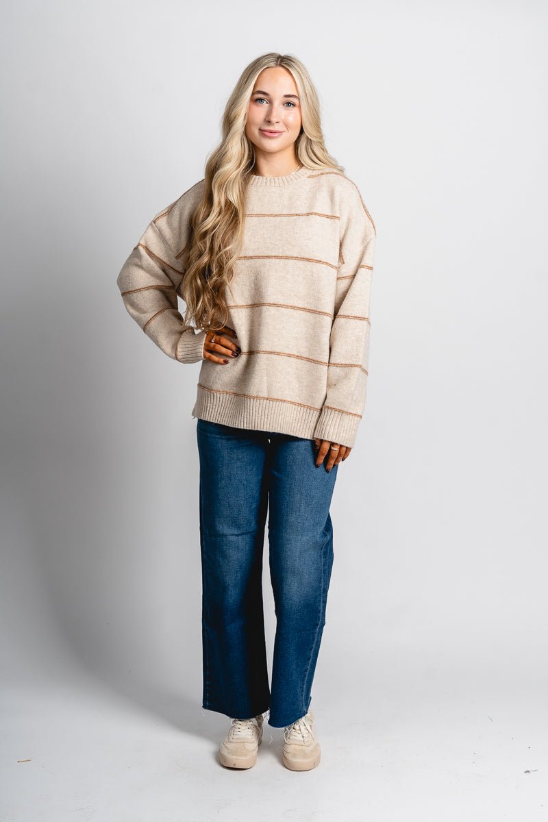 Striped oversized sweater taupe - Trendy Sweaters | Cute Pullover Sweaters at Lush Fashion Lounge Boutique in Oklahoma City