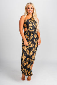 Pleated one shoulder maxi dress eclipsed gold - Affordable dress - Boutique Dresses at Lush Fashion Lounge Boutique in Oklahoma City