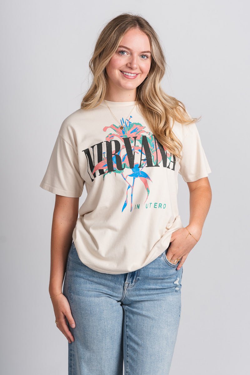 DayDreamer Nirvana Lilies tee dirty white - Stylish Band T-Shirts and Sweatshirts at Lush Fashion Lounge Boutique in Oklahoma City