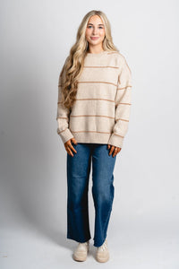 Striped oversized sweater taupe – Unique Sweaters | Lounging Sweaters and Womens Fashion Sweaters at Lush Fashion Lounge Boutique in Oklahoma City