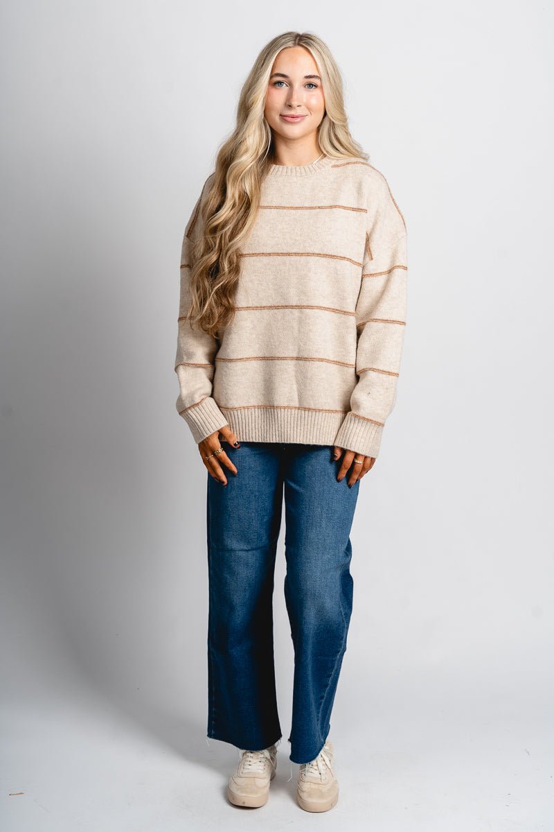 Striped oversized sweater taupe – Unique Sweaters | Lounging Sweaters and Womens Fashion Sweaters at Lush Fashion Lounge Boutique in Oklahoma City