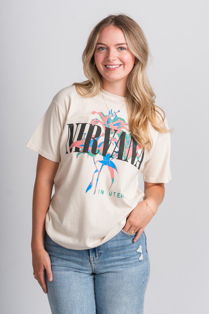 DayDreamer Nirvana Lilies tee dirty white - Trendy Band T-Shirts and Sweatshirts at Lush Fashion Lounge Boutique in Oklahoma City