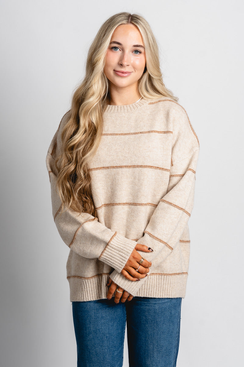 Striped oversized sweater taupe – Boutique Sweaters | Fashionable Sweaters at Lush Fashion Lounge Boutique in Oklahoma City