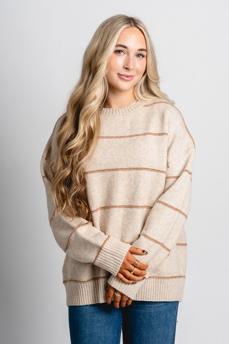 Striped oversized sweater taupe – Stylish Sweaters | Boutique Sweaters at Lush Fashion Lounge Boutique in Oklahoma City
