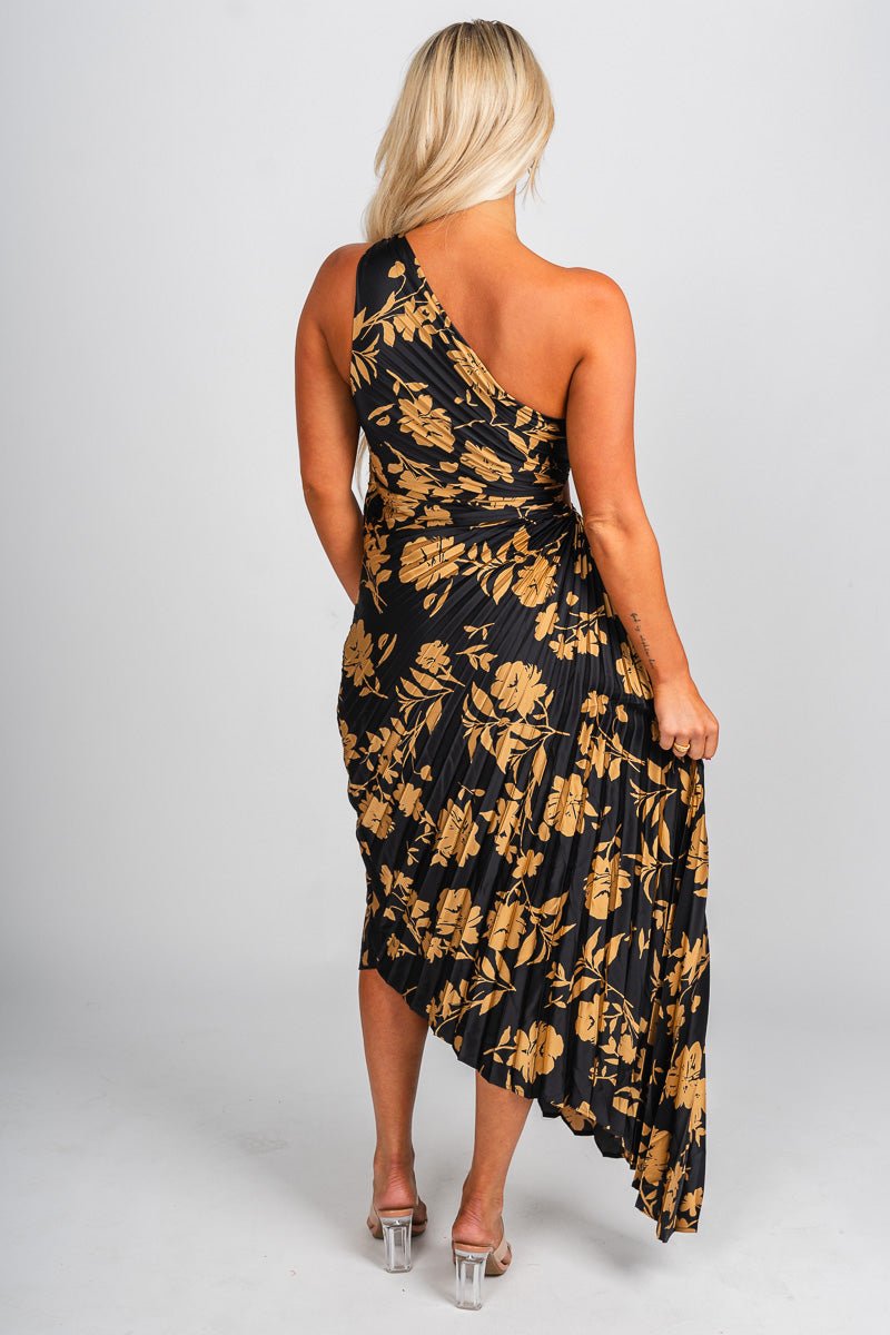 Pleated one shoulder maxi dress eclipsed gold Stylish dress - Womens Fashion Dresses at Lush Fashion Lounge Boutique in Oklahoma City