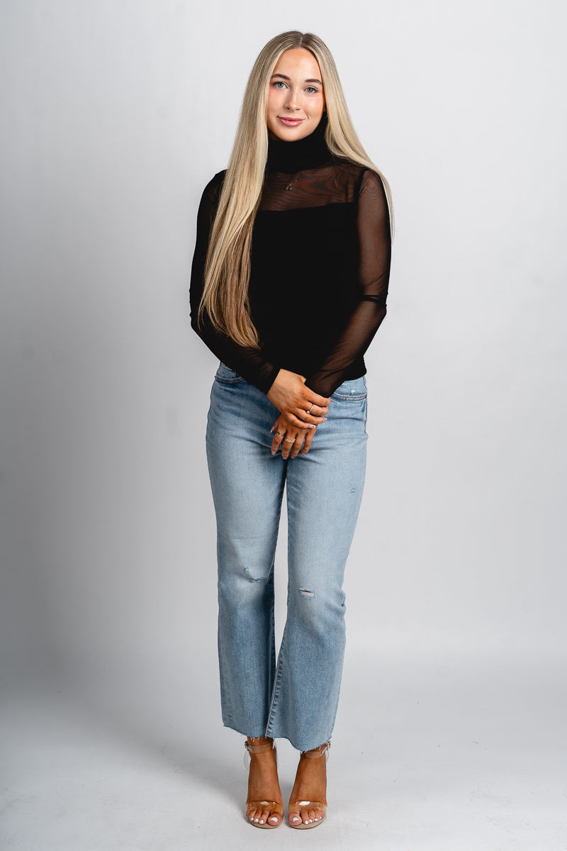 Mock neck mesh long sleeve top black