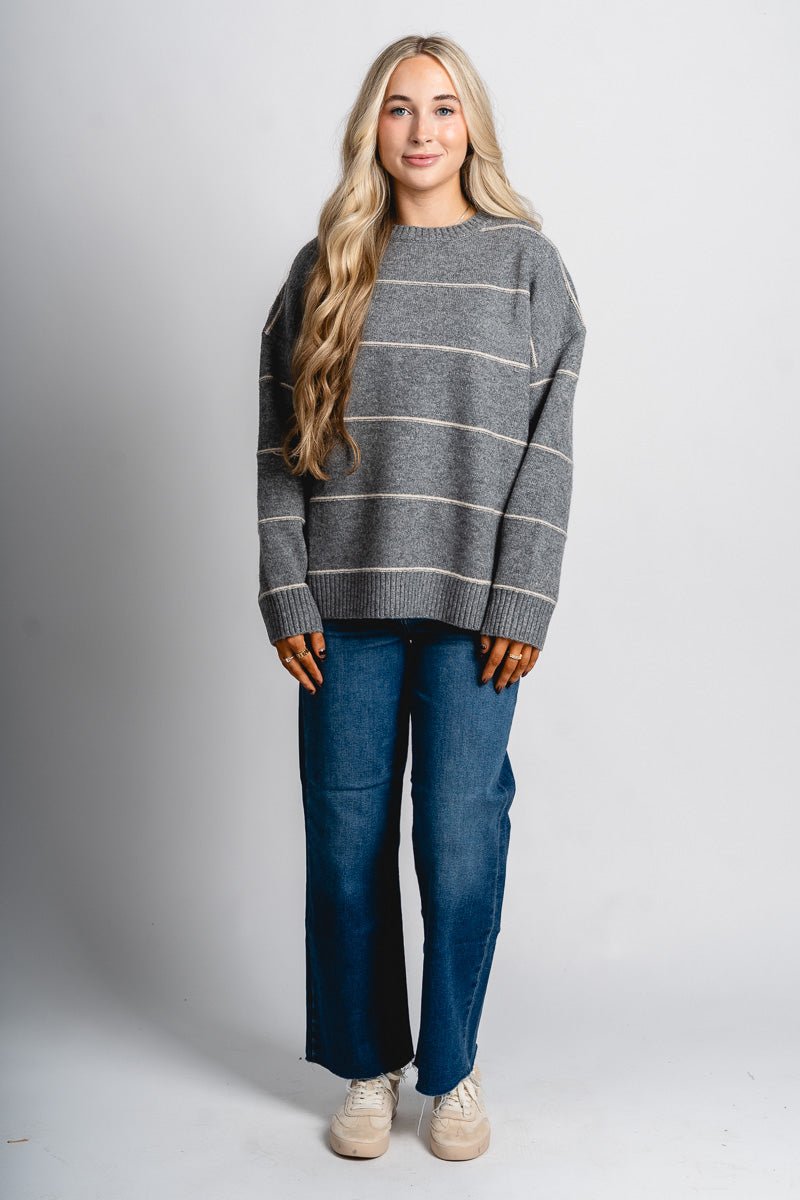 Striped oversized sweater grey - Trendy Sweaters | Cute Pullover Sweaters at Lush Fashion Lounge Boutique in Oklahoma City