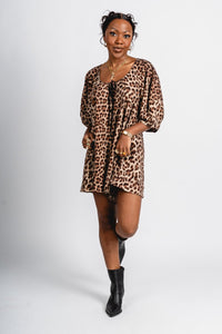 Leopard puff sleeve romper brown Stylish Romper - Womens Fashion Rompers & Pantsuits at Lush Fashion Lounge Boutique in Oklahoma City