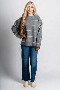 Striped oversized sweater grey – Unique Sweaters | Lounging Sweaters and Womens Fashion Sweaters at Lush Fashion Lounge Boutique in Oklahoma City