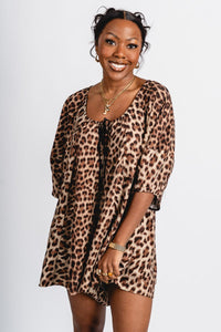 Leopard puff sleeve romper brown - Affordable Romper - Boutique Rompers & Pantsuits at Lush Fashion Lounge Boutique in Oklahoma City