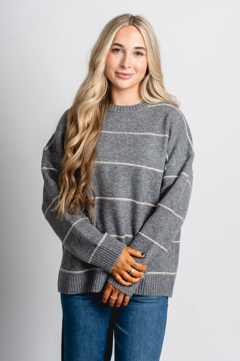 Striped oversized sweater grey – Stylish Sweaters | Boutique Sweaters at Lush Fashion Lounge Boutique in Oklahoma City