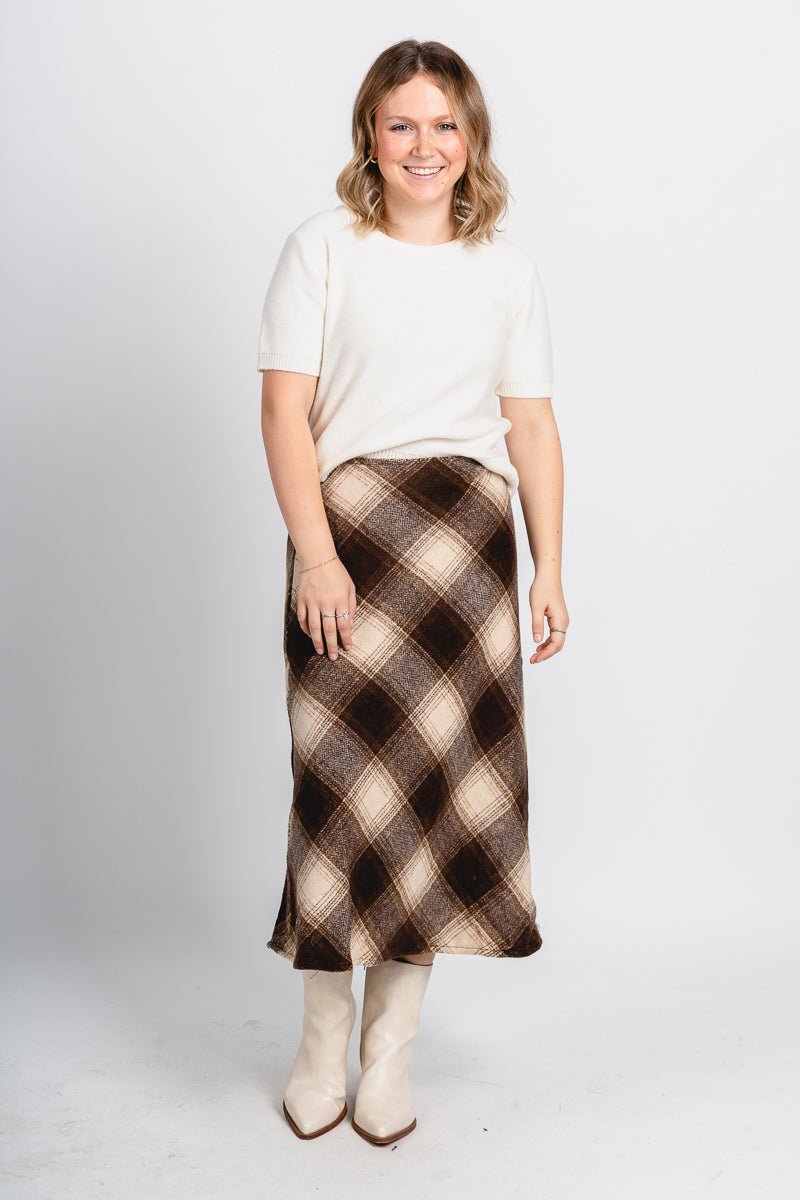 Sonata plaid midi skirt brown/cream | Lush Fashion Lounge: boutique fashion skirts, affordable boutique skirts, cute affordable skirts