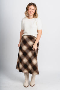 Sonata plaid midi skirt brown/cream | Lush Fashion Lounge: boutique fashion skirts, affordable boutique skirts, cute affordable skirts