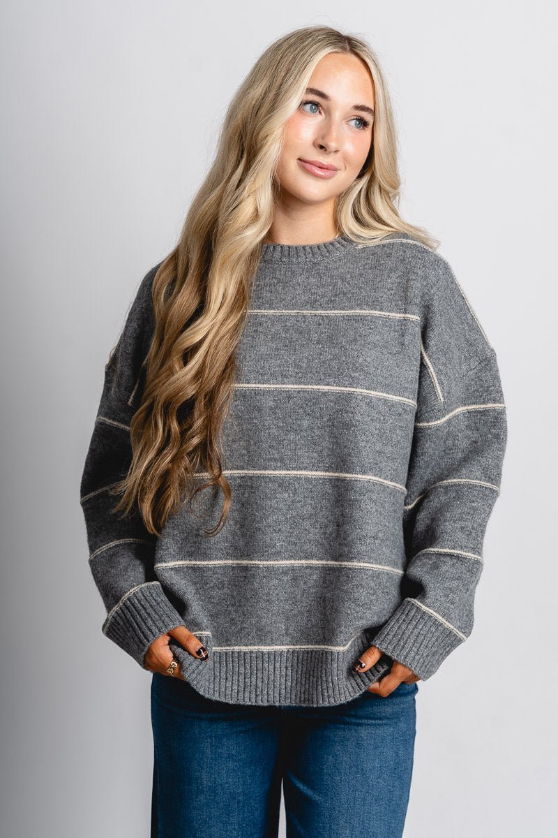 Striped oversized sweater grey – Boutique Sweaters | Fashionable Sweaters at Lush Fashion Lounge Boutique in Oklahoma City