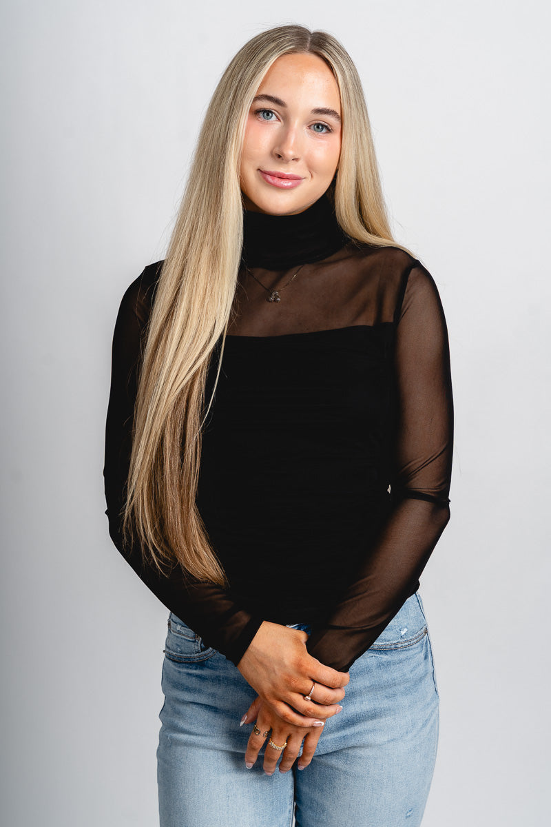 Mock neck mesh long sleeve top black