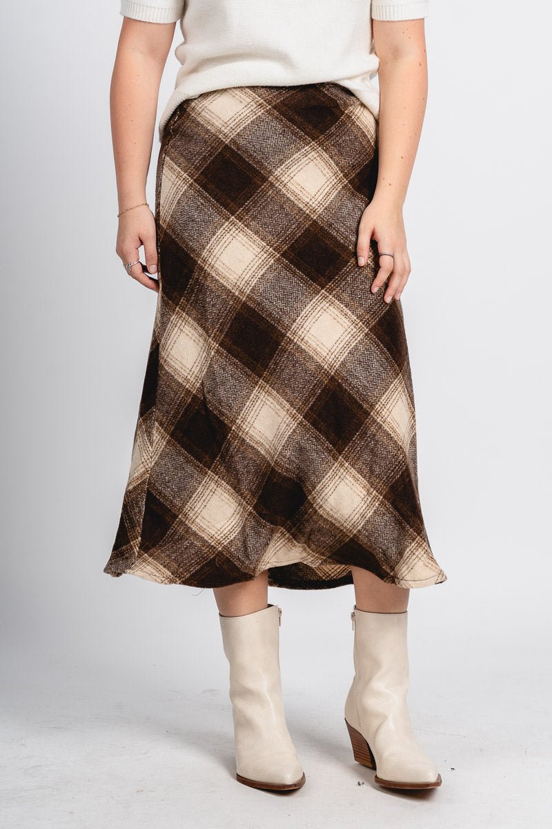 Sonata plaid midi skirt brown/cream | Lush Fashion Lounge: boutique fashion skirts, affordable boutique skirts, cute affordable skirts