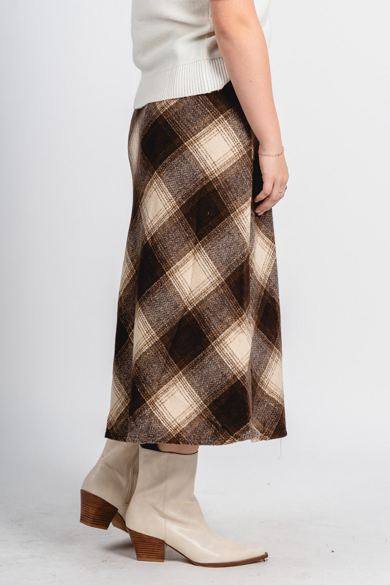 Sonata plaid midi skirt brown/cream | Lush Fashion Lounge: boutique fashion skirts, affordable boutique skirts, cute affordable skirts