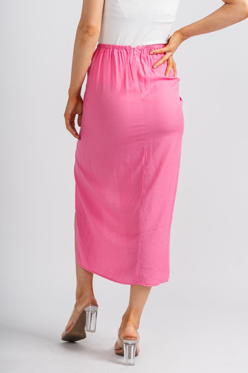 Knot front midi skirt pink | Lush Fashion Lounge: boutique fashion skirts, affordable boutique skirts, cute affordable skirts