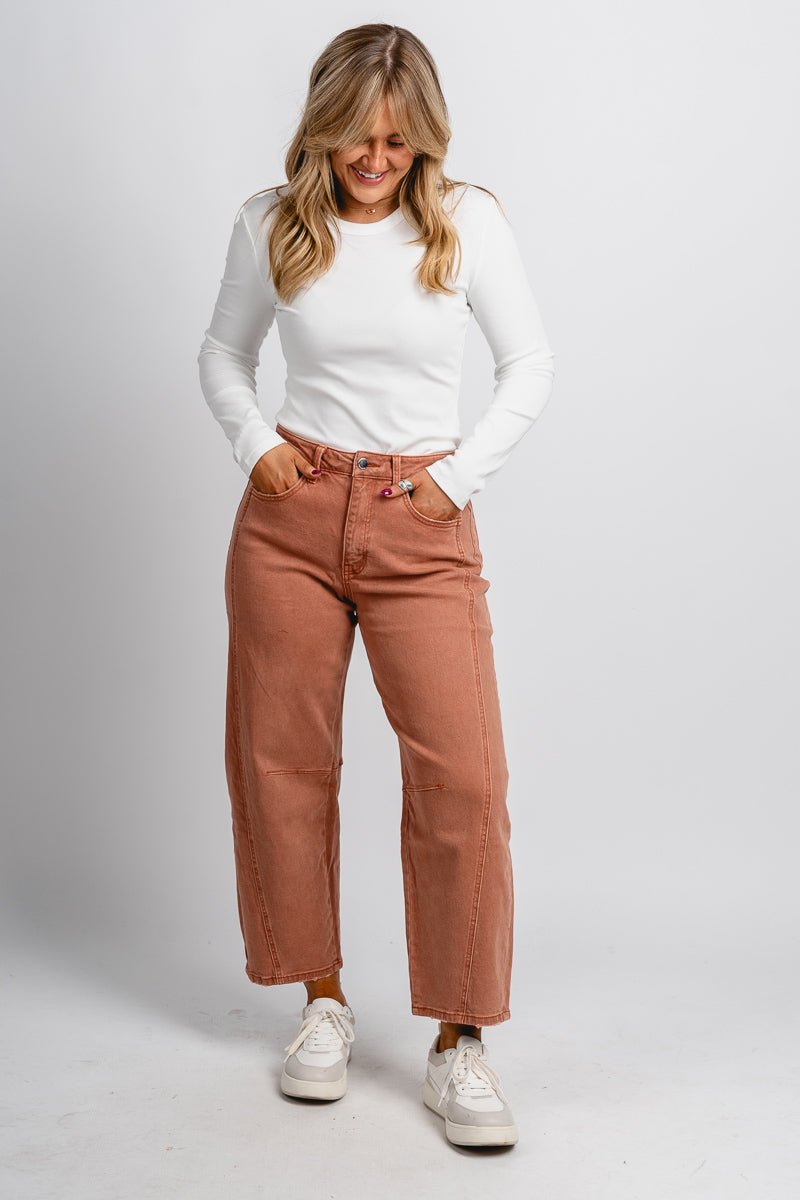 Flying Monkey high rise barrel jeans copper | Lush Fashion Lounge: boutique women's jeans, fashion jeans for women, affordable fashion jeans, cute boutique jeans