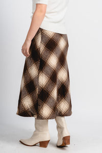 Sonata plaid midi skirt brown/cream | Lush Fashion Lounge: boutique fashion skirts, affordable boutique skirts, cute affordable skirts