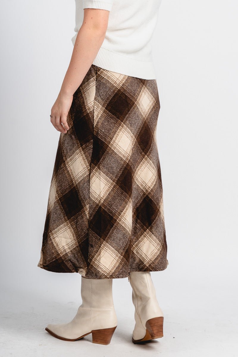 Sonata plaid midi skirt brown/cream | Lush Fashion Lounge: boutique fashion skirts, affordable boutique skirts, cute affordable skirts