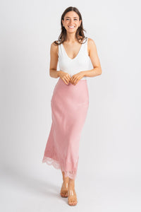 Satin lace midi skirt blush | Lush Fashion Lounge: boutique fashion skirts, affordable boutique skirts, cute affordable skirts