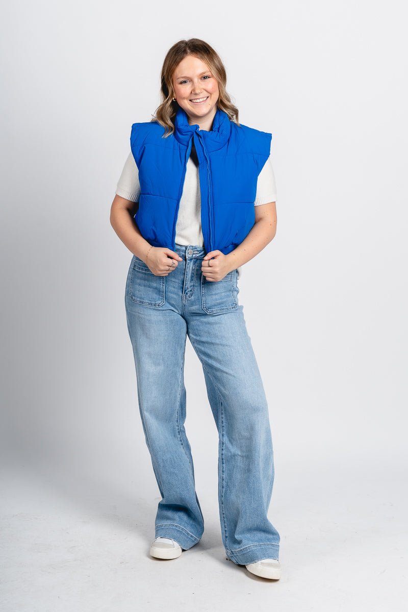 Crop puffer vest blue - Oklahoma City inspired graphic t-shirts at Lush Fashion Lounge Boutique in Oklahoma City