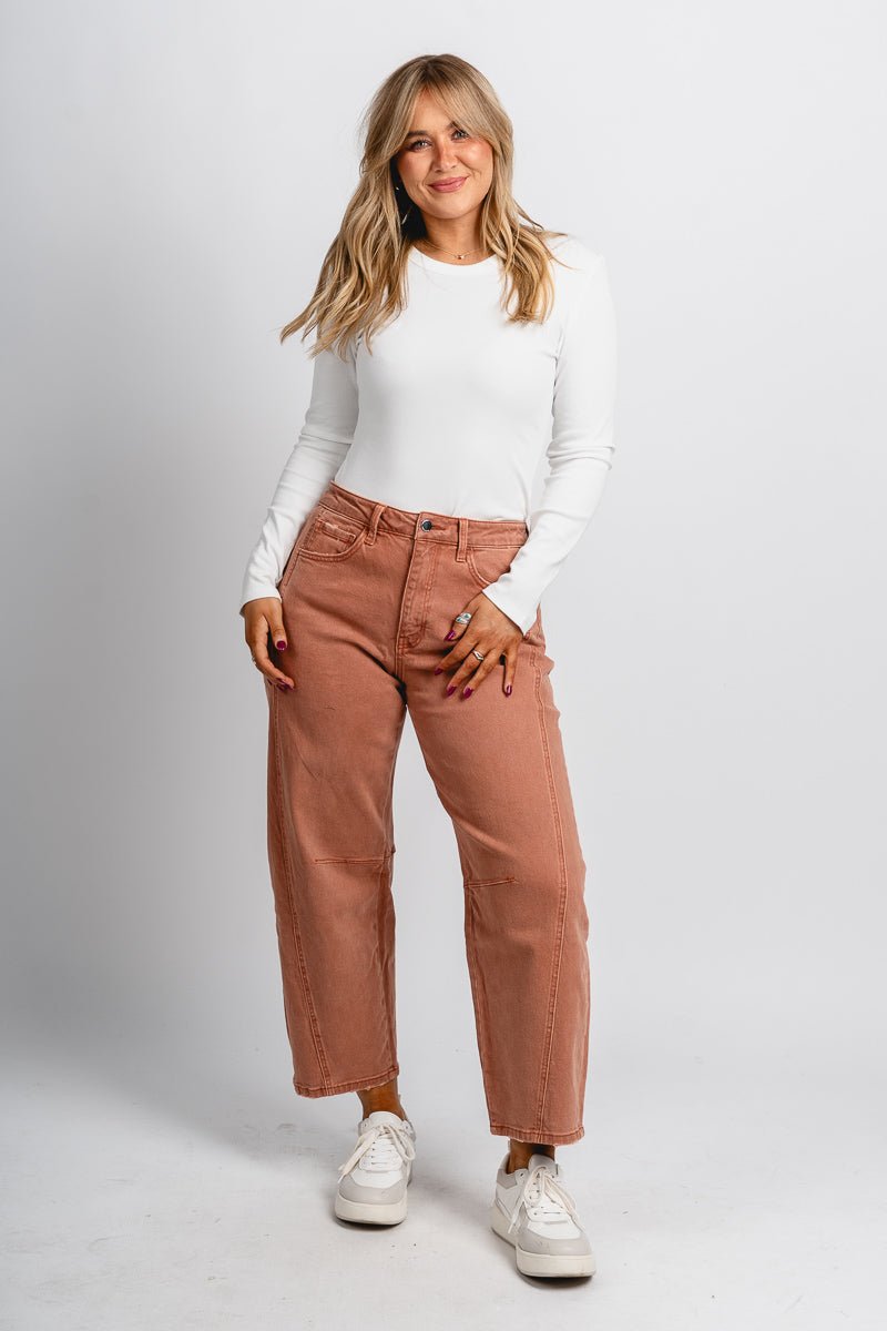 Flying Monkey high rise barrel jeans copper | Lush Fashion Lounge: boutique women's jeans, fashion jeans for women, affordable fashion jeans, cute boutique jeans