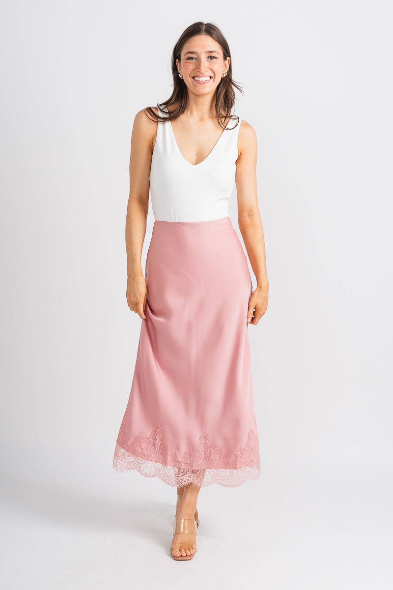 Satin lace midi skirt blush | Lush Fashion Lounge: boutique fashion skirts, affordable boutique skirts, cute affordable skirts