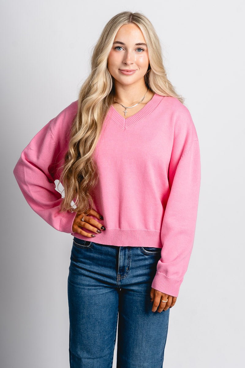 Chloe v-neck sweater pink – Stylish Sweaters | Boutique Sweaters at Lush Fashion Lounge Boutique in Oklahoma City