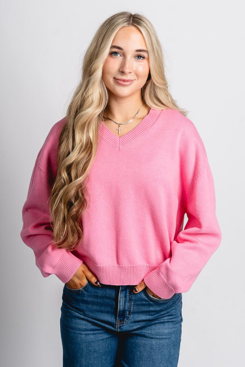 Chloe v-neck sweater pink – Boutique Sweaters | Fashionable Sweaters at Lush Fashion Lounge Boutique in Oklahoma City