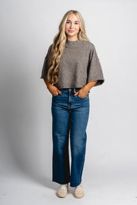 Short sleeve mock neck sweater charcoal brown - Trendy Sweaters | Cute Pullover Sweaters at Lush Fashion Lounge Boutique in Oklahoma City