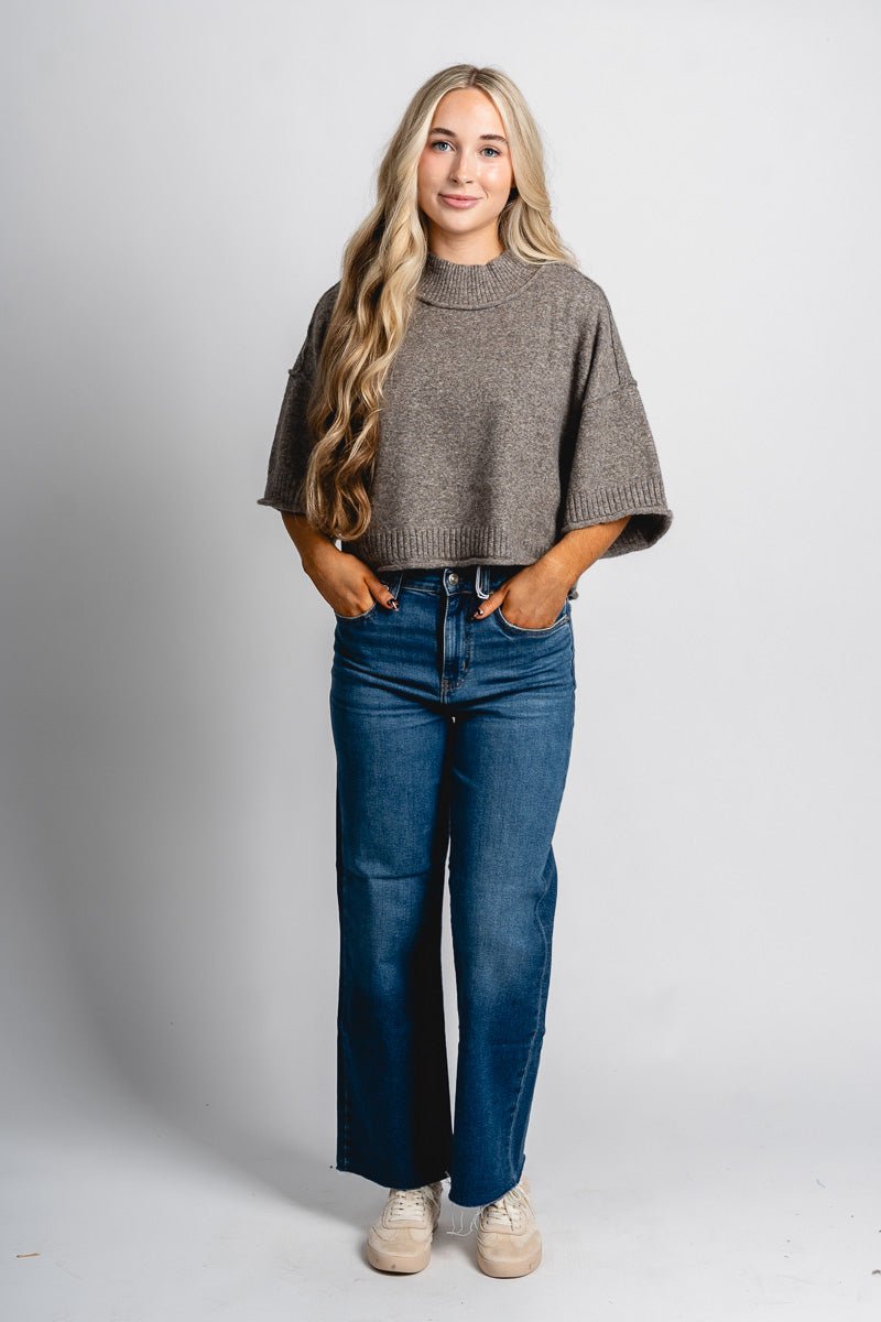 Short sleeve mock neck sweater charcoal brown - Trendy Sweaters | Cute Pullover Sweaters at Lush Fashion Lounge Boutique in Oklahoma City