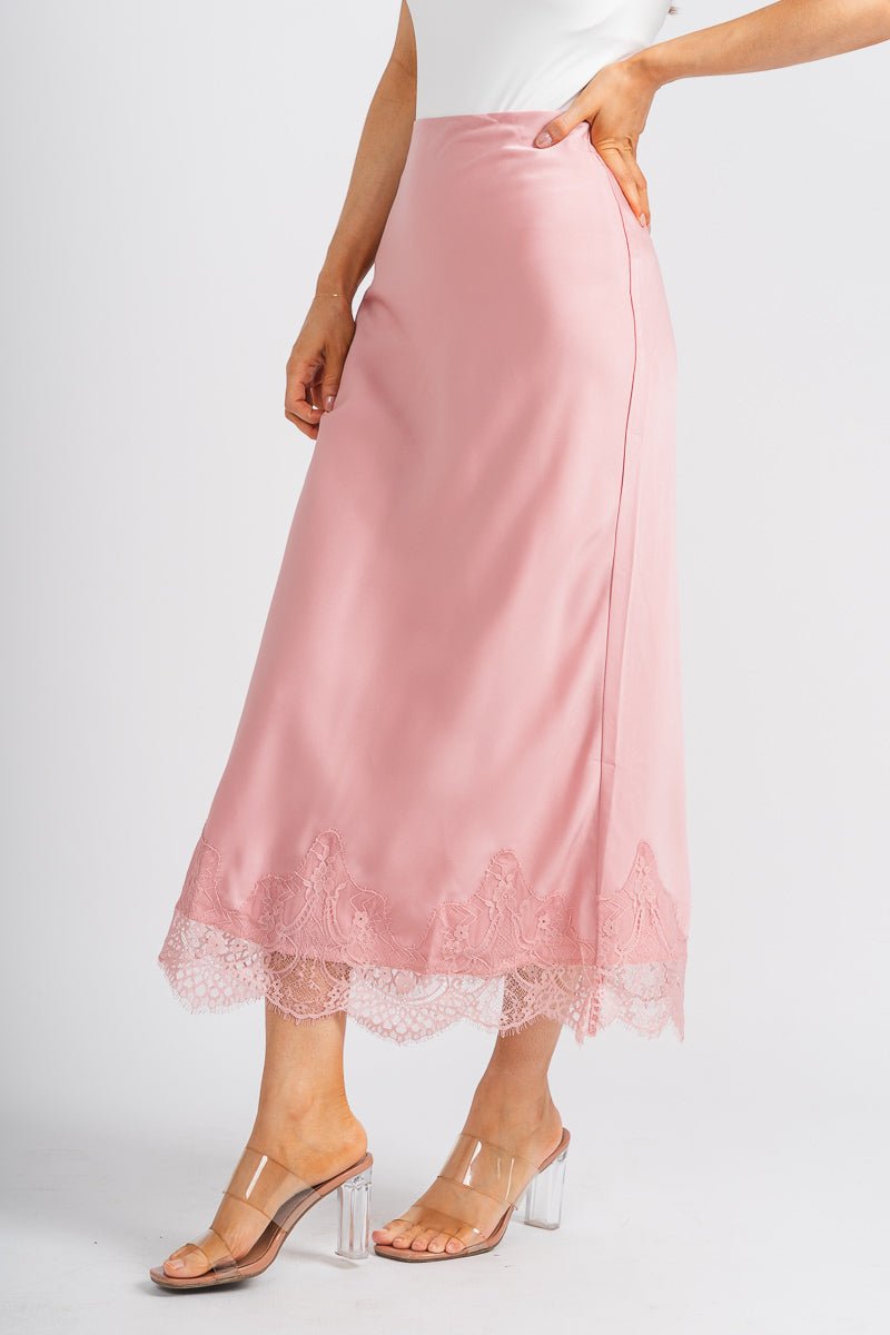 Satin lace midi skirt blush | Lush Fashion Lounge: boutique fashion skirts, affordable boutique skirts, cute affordable skirts