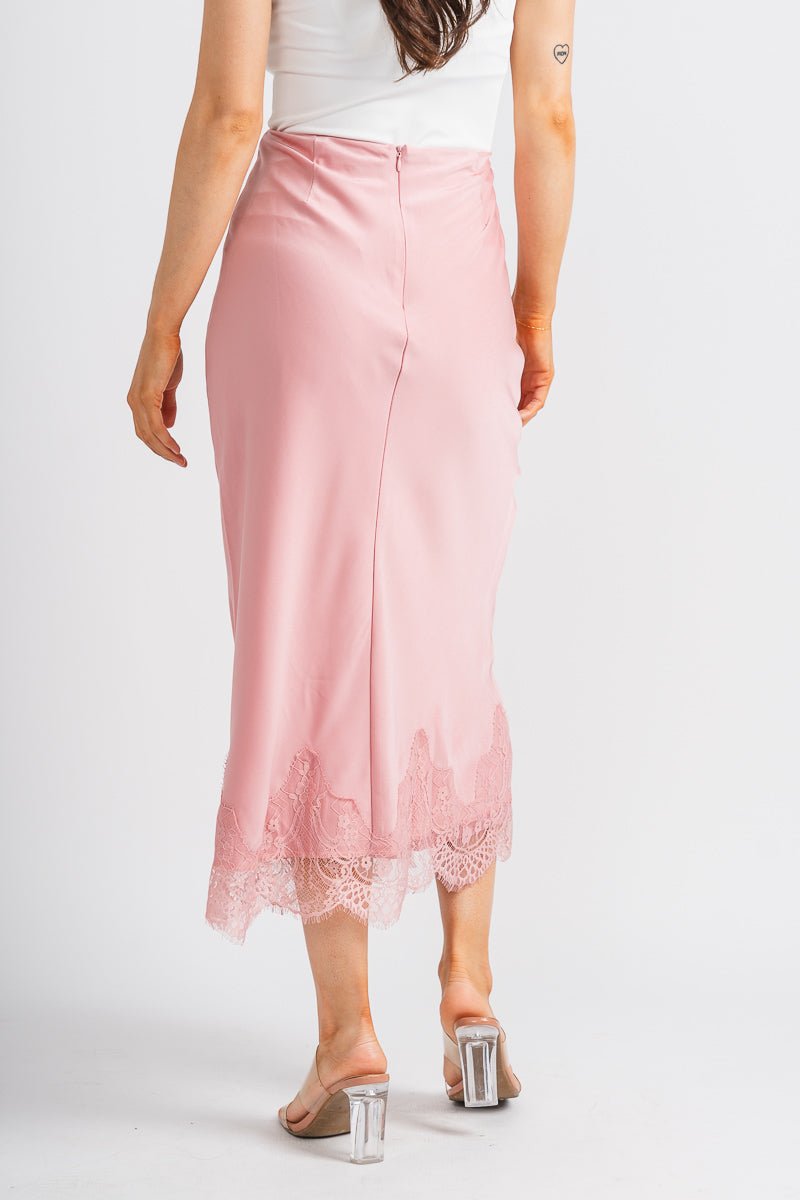 Satin lace midi skirt blush | Lush Fashion Lounge: boutique fashion skirts, affordable boutique skirts, cute affordable skirts