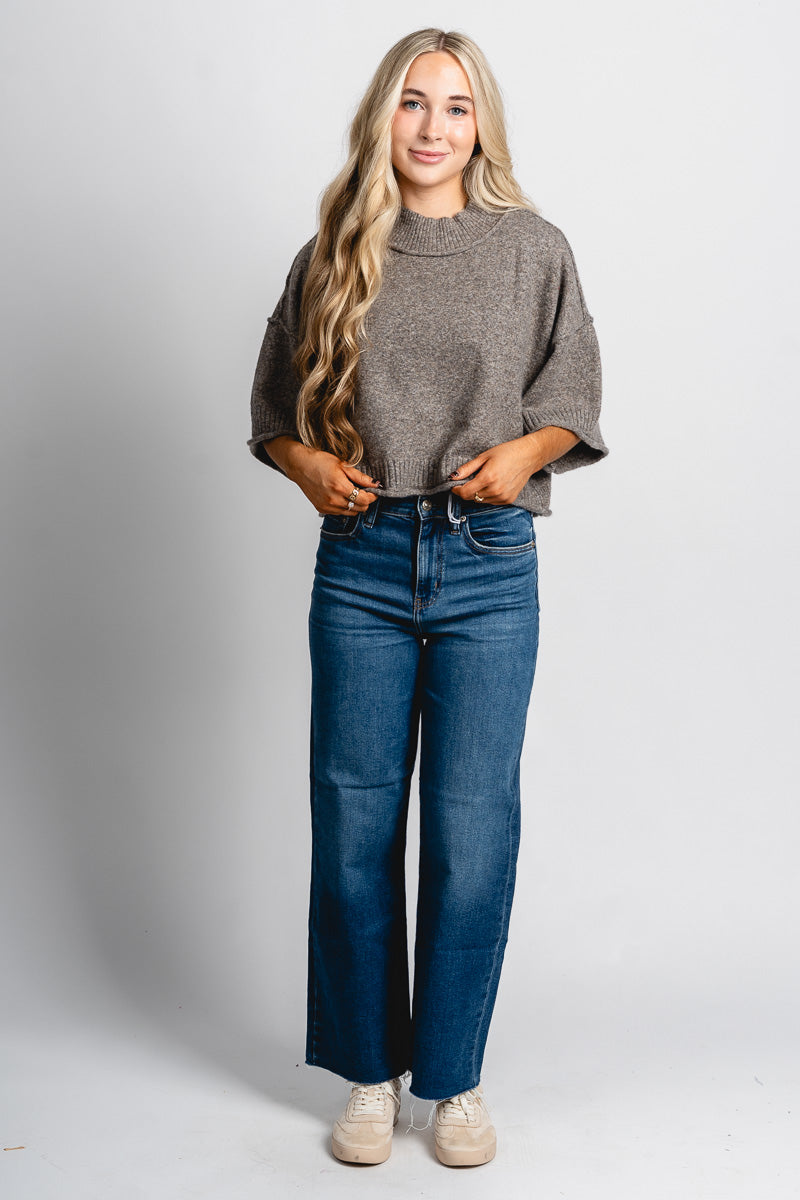 Short sleeve mock neck sweater charcoal brown – Unique Sweaters | Lounging Sweaters and Womens Fashion Sweaters at Lush Fashion Lounge Boutique in Oklahoma City