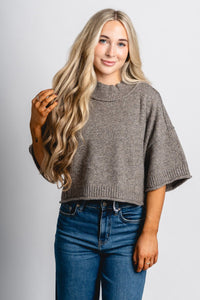 Short sleeve mock neck sweater charcoal brown – Stylish Sweaters | Boutique Sweaters at Lush Fashion Lounge Boutique in Oklahoma City