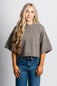 Short sleeve mock neck sweater charcoal brown – Boutique Sweaters | Fashionable Sweaters at Lush Fashion Lounge Boutique in Oklahoma City